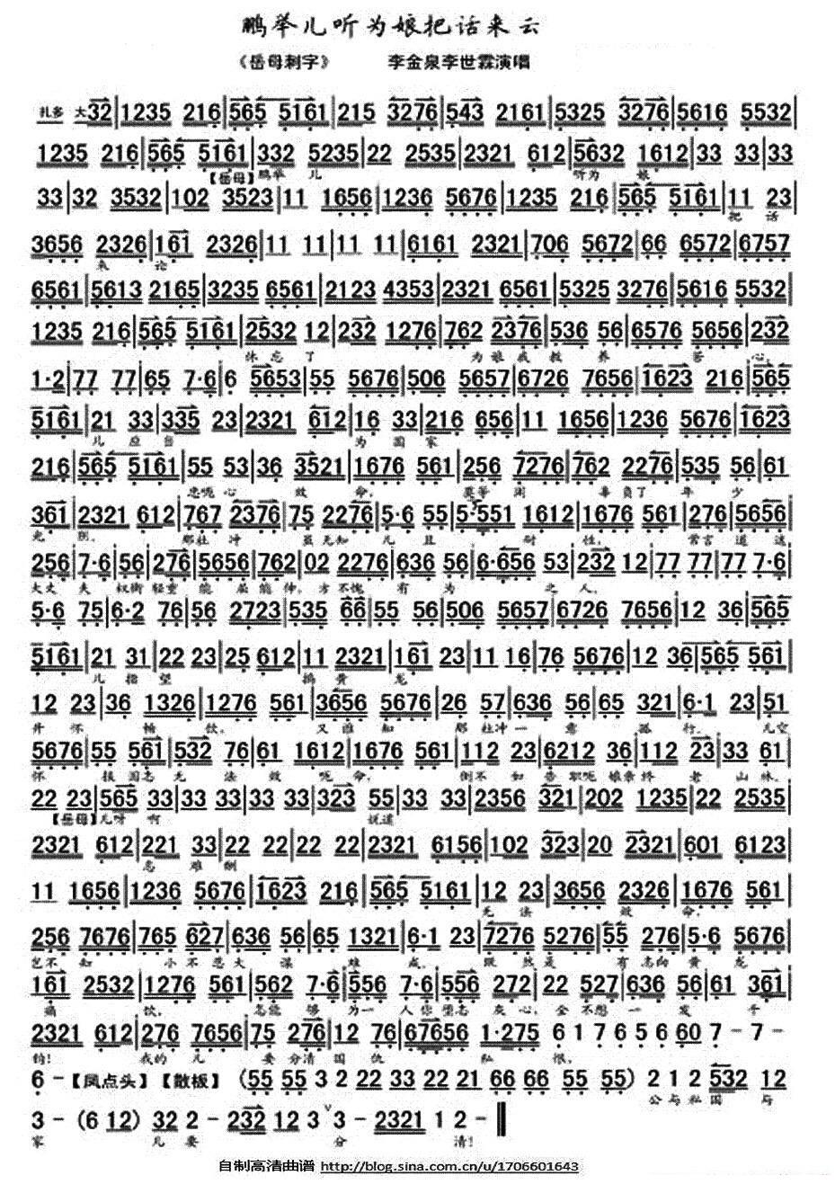 鹏举儿听为娘把话来云（《岳母刺字》选段、琴谱）简谱-京剧曲谱