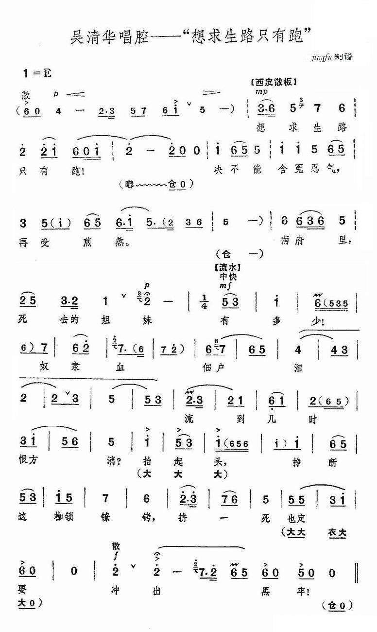 《红色娘子军》选段：想求生路只有跑简谱-京剧曲谱