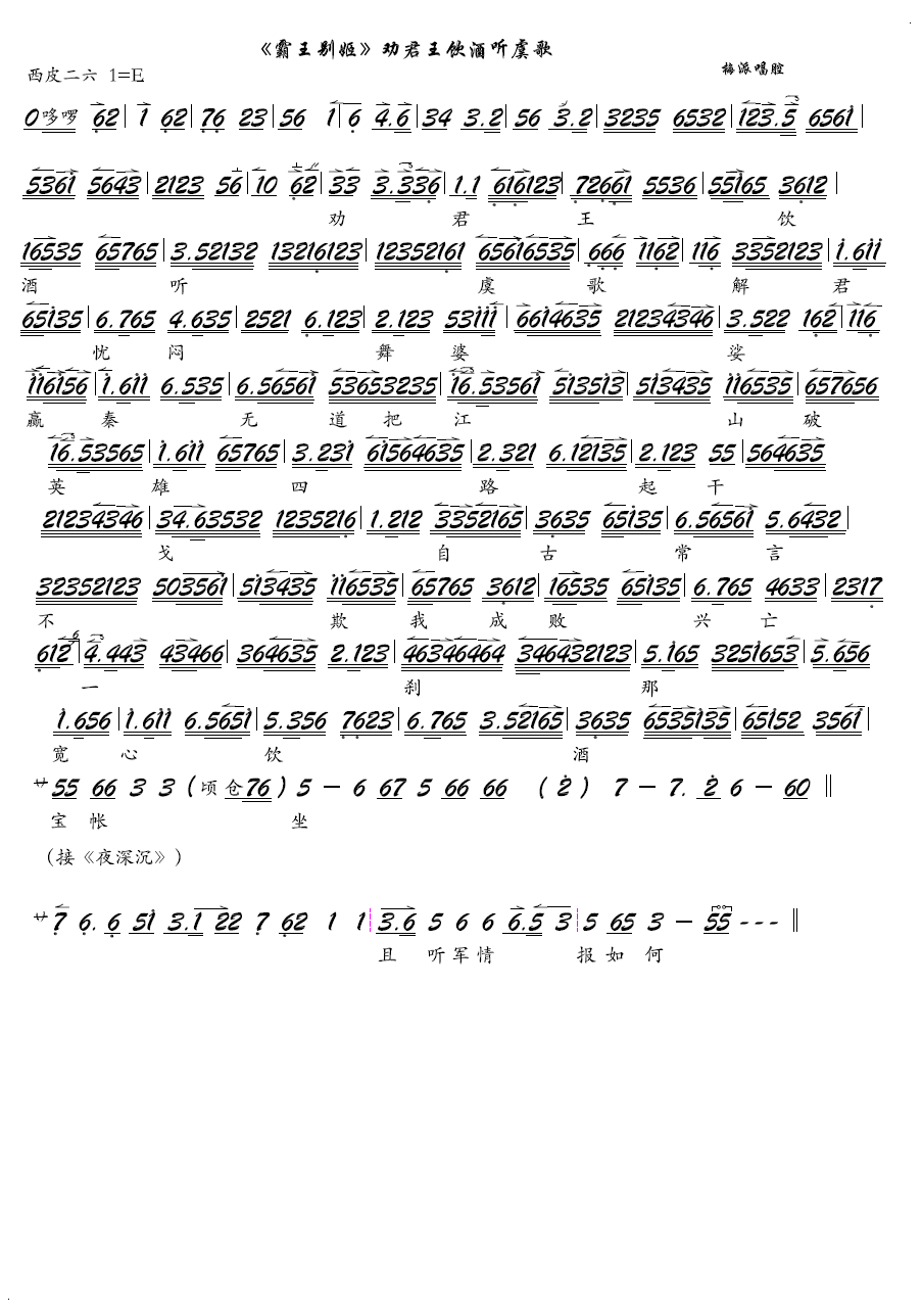 劝君王饮酒听虞歌（京剧《霸王别姬》选段、琴谱）简谱-京剧曲谱