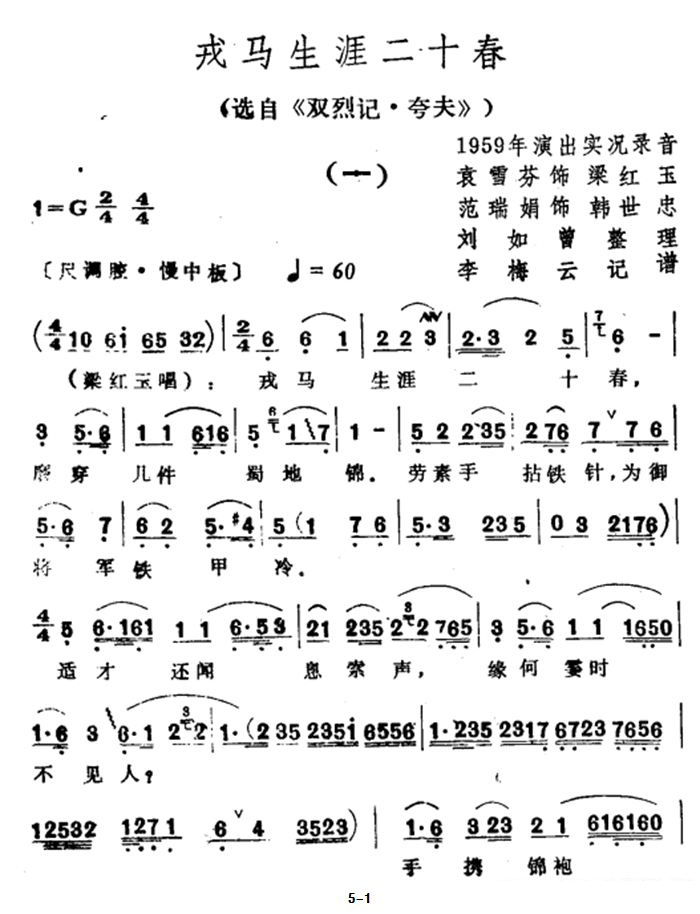 戎马生涯二十春（选自《双烈记·夸夫》）简谱-越剧曲谱
