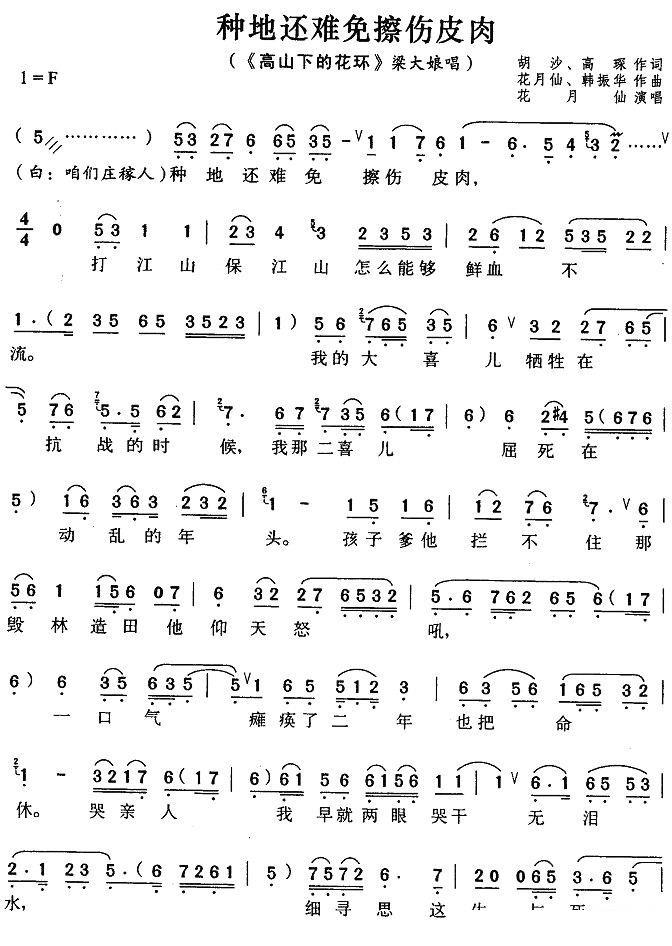 《高山下的花环》梁大娘唱段：种地还难免擦伤皮肉简谱-评剧曲谱