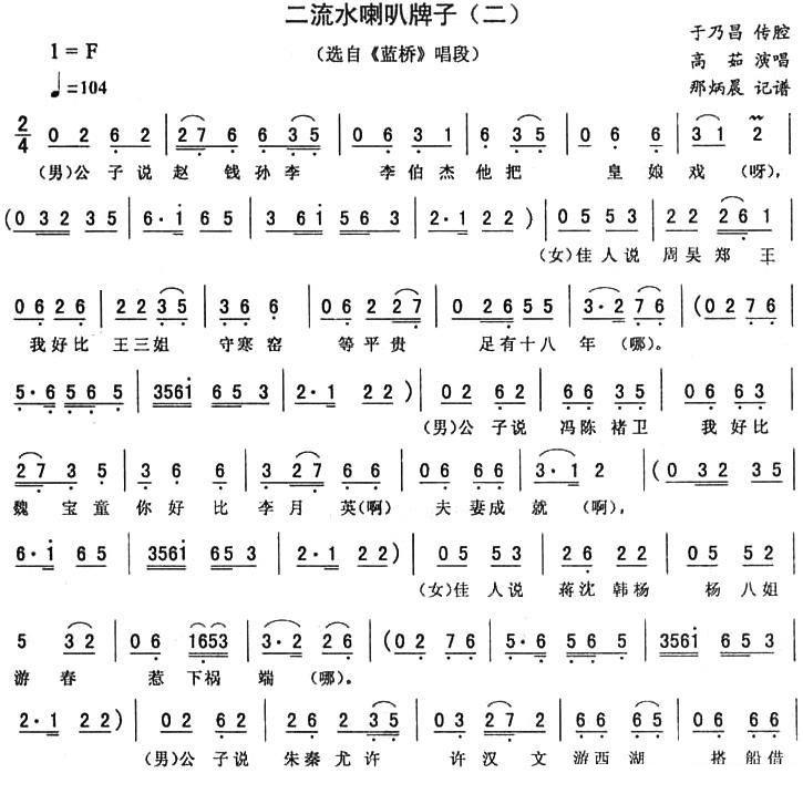 《蓝桥》唱段：二流水喇叭牌子（二）简谱-二人转曲谱