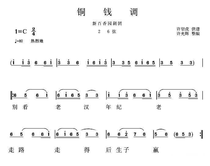 花鼓戏曲谱 岳阳新百香剧团：铜钱调（26弦）